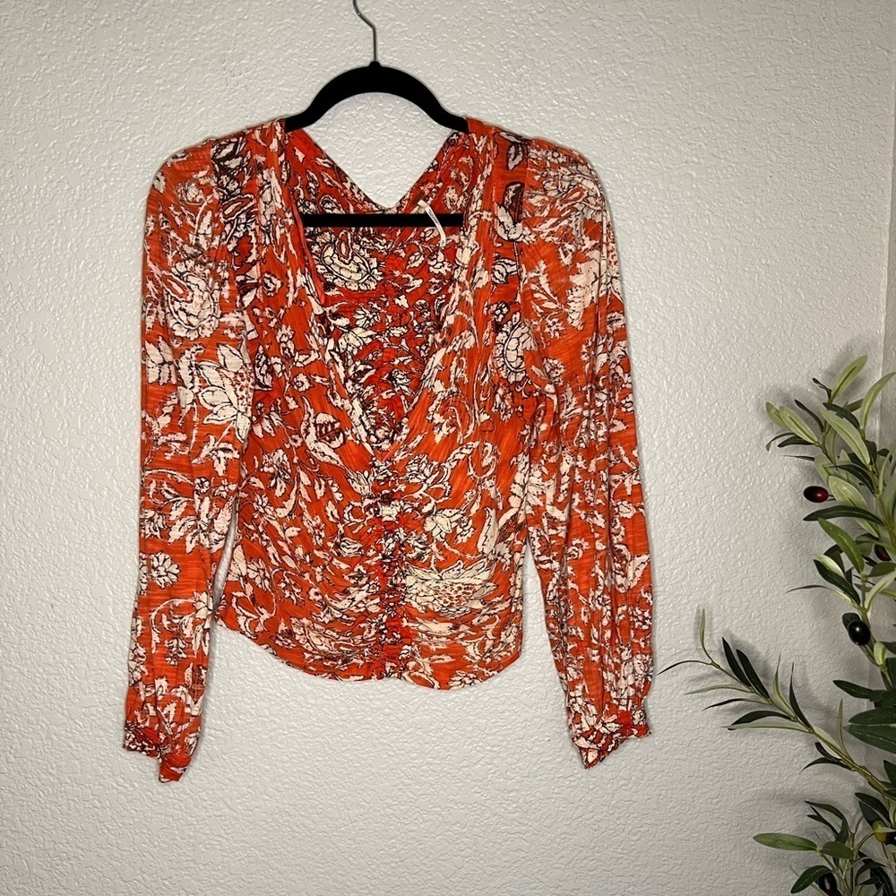 Small Free People Say The Word Orange Floral Red Combo Long Sleeve Ruched Top